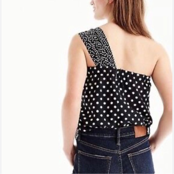 J.Crew | Silk Black & White Mixed Dot Print One Shoulder Bow Detail Top *NWT* - Picture 2 of 11